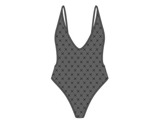 Black-Grey Logo Print Retro One-Piece